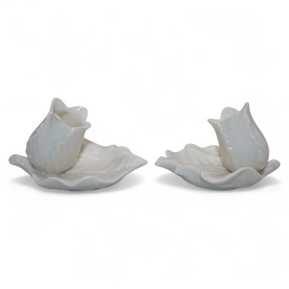 Vintage White Ceramic Tulip & Leaf Candle Holders - Picture 2 of 6